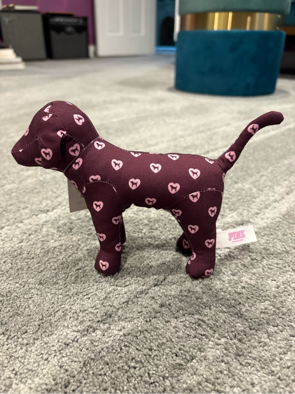 Collectible PINK Victoria's Secret Burgundy Plush Dog Toy with Pink Heart Print